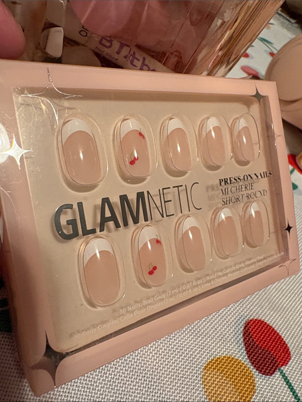 GLAMNETIC M Cherie Short Round Press-On Nails in Nude with Cherry Accent - Picture 4 of 4